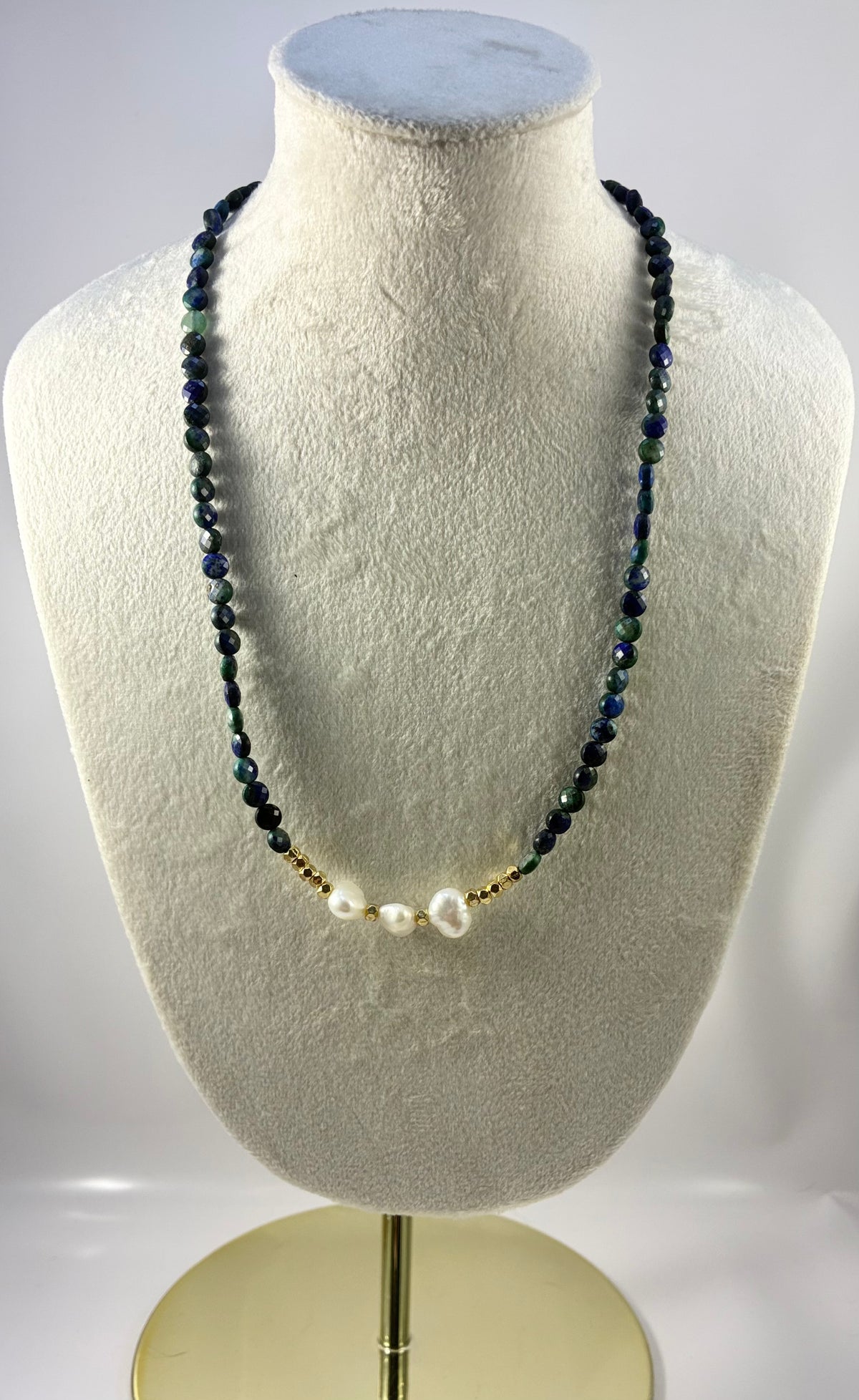 Handcrafted Azurite Malachite Gemstone Necklace with Baroque Pearl Center