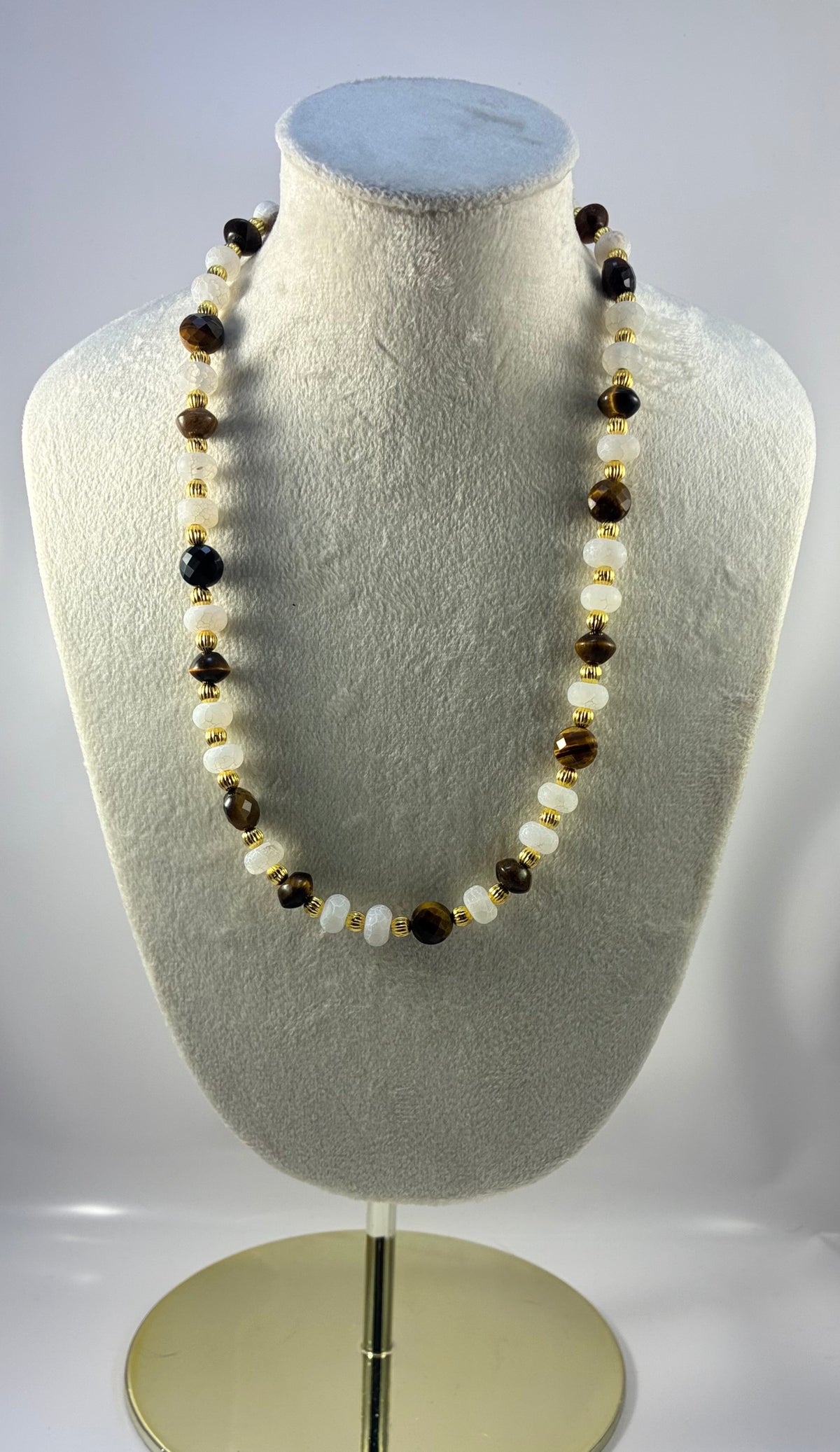 Handcrafted Tiger's Eye & Quartz Gemstone Necklace with Gold Accents