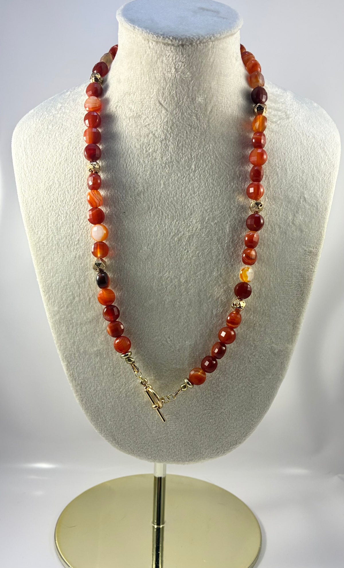 Handcrafted Carnelian Gemstone Necklace with Gold Toggle Clasp