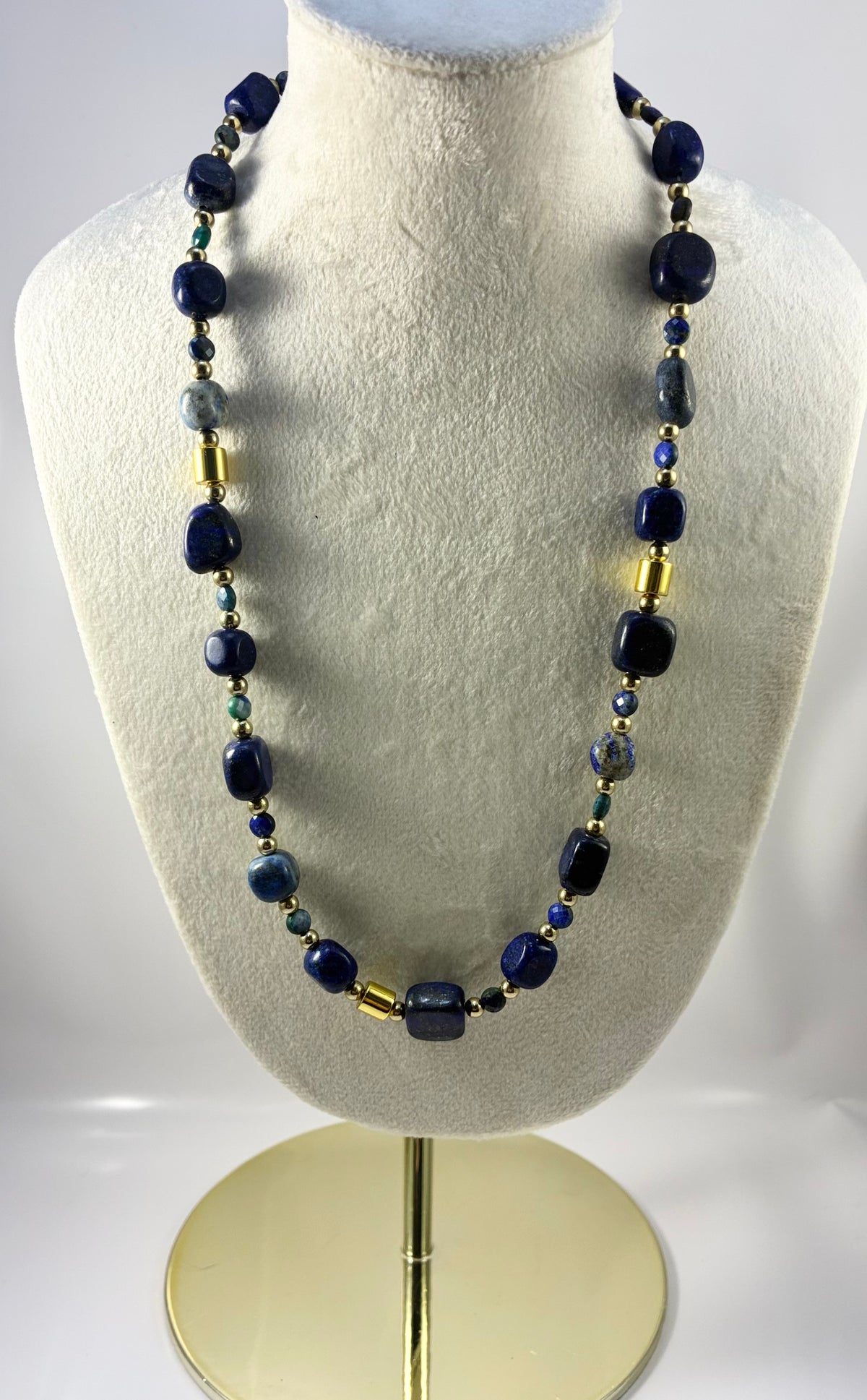 Handcrafted Lapis Lazuli Gemstone Necklace with Chunky Gold Cylinders
