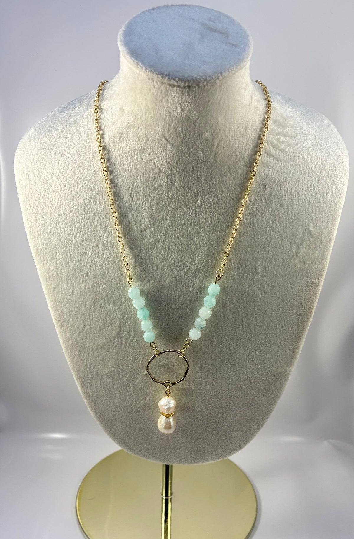 Handcrafted Amazonite Gemstone & Gold Chain Necklace with Baroque Pearl Drop