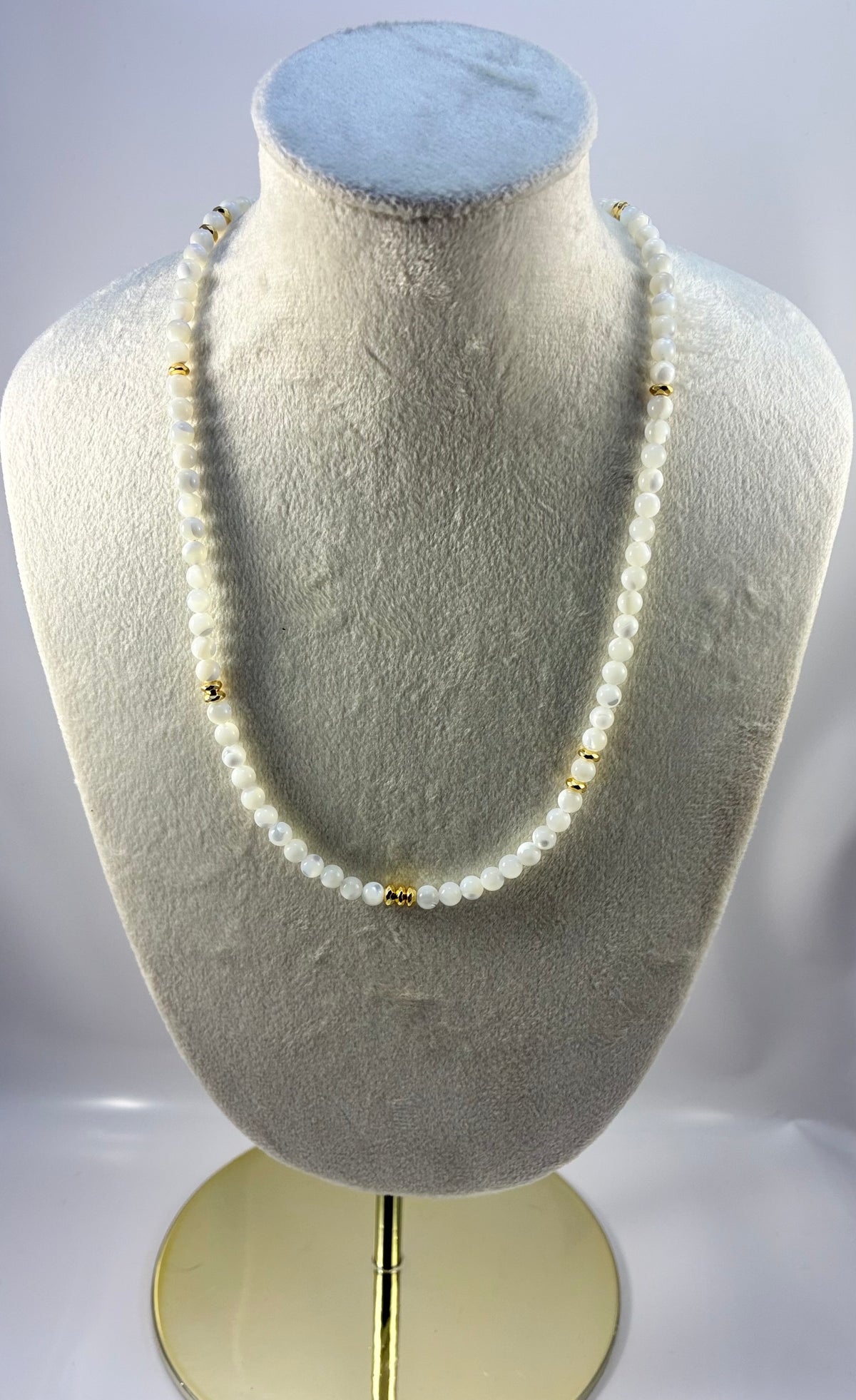 Handcrafted Mother of Pearl Bead Necklace with Ribbed Gold Spacers