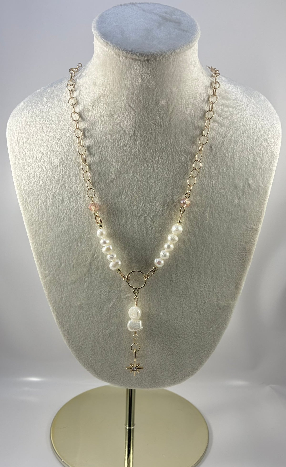 Handcrafted Freshwater Pearl & Link Chain Necklace with Starburst Y-Pendant
