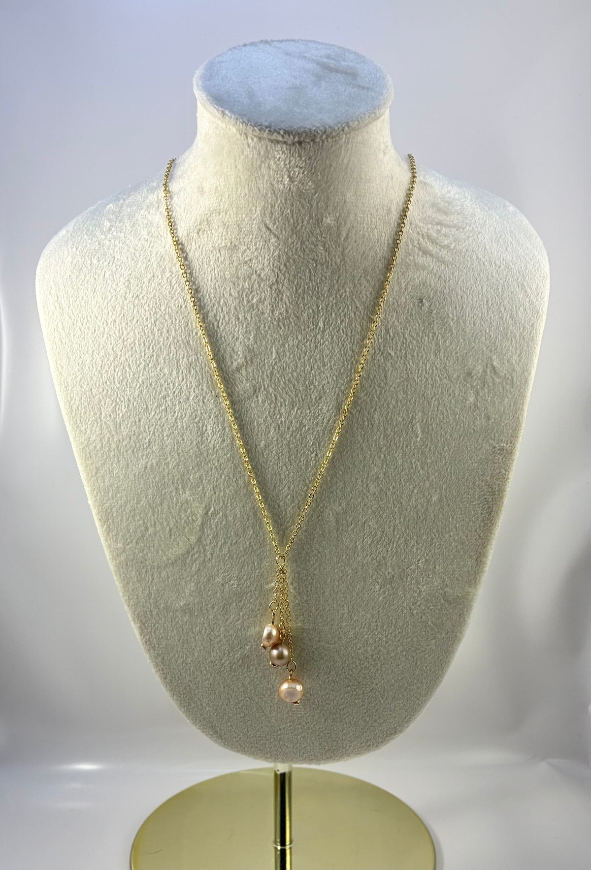 Handcrafted Gold Chain Lariat Necklace with Pink Freshwater Pearl Tassel Pendant