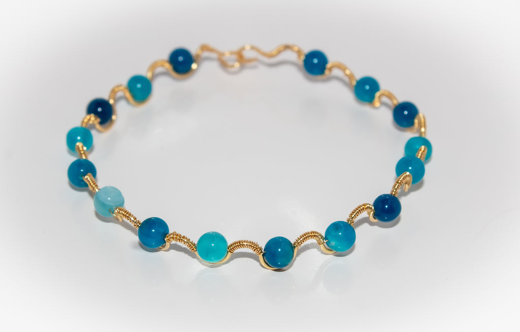 Handcrafted Gold Wire-Wrapped Ocean Blue Gemstone Bracelet