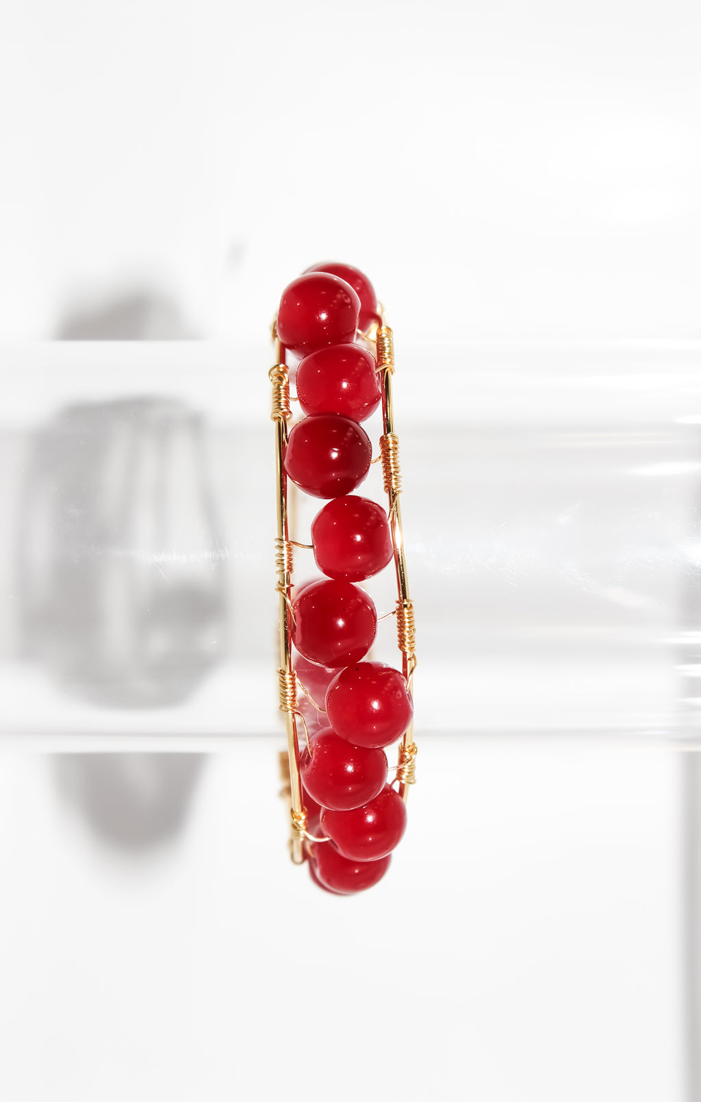 Handcrafted Gold Wire-Wrapped Red Jade Bangle