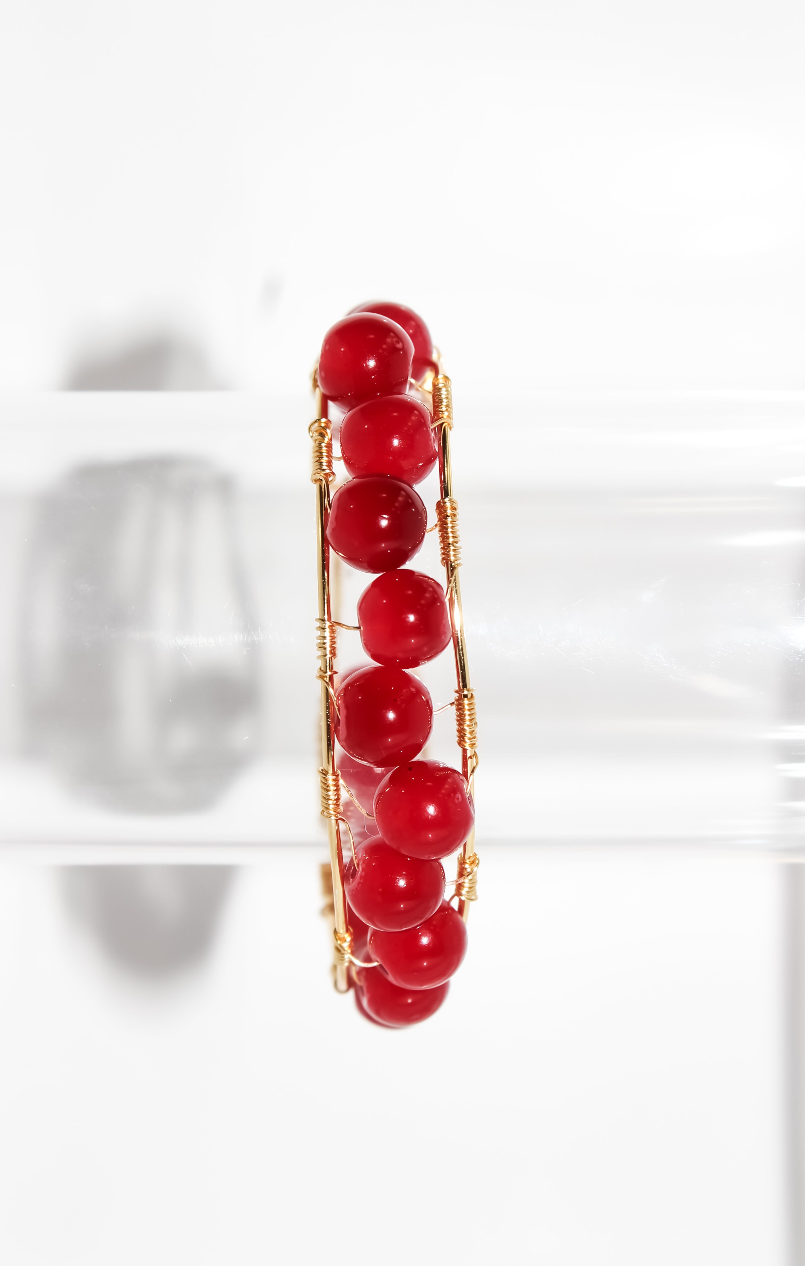 Handcrafted Gold Wire-Wrapped Red Jade Bangle