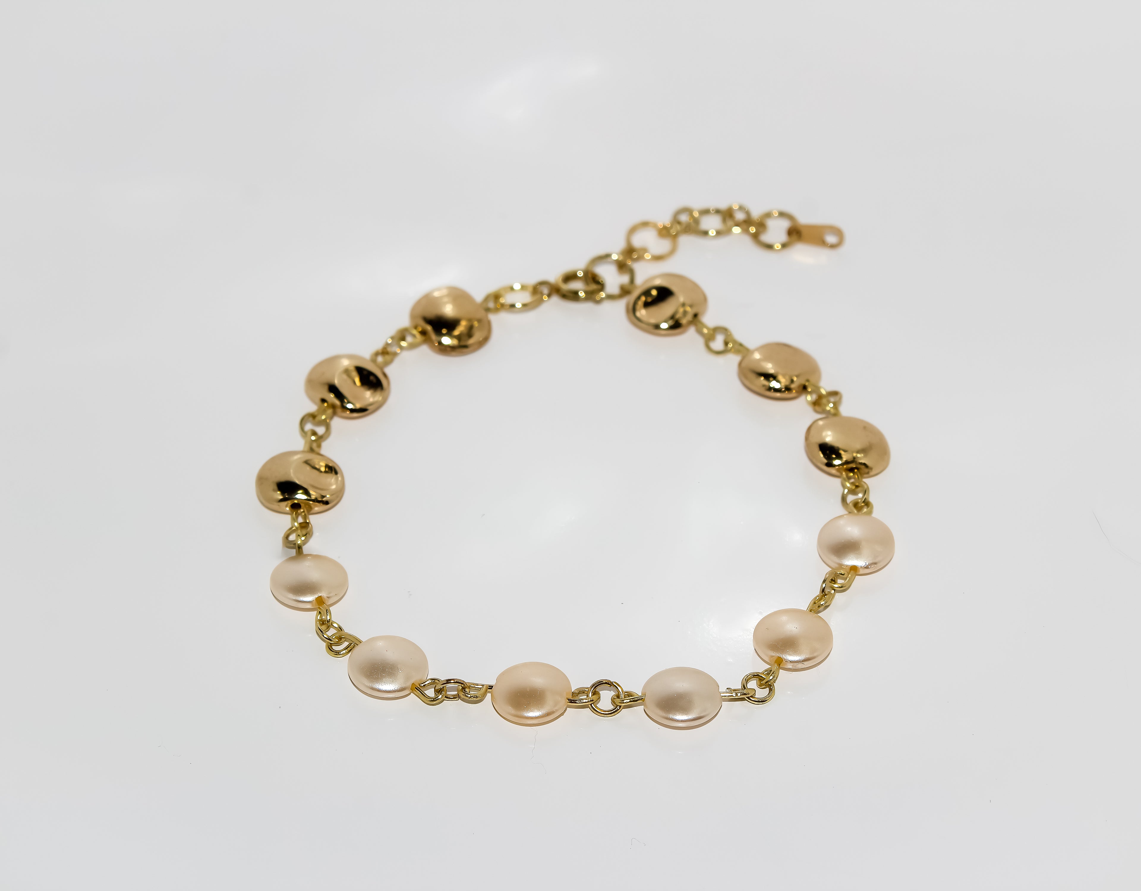 Handcrafted Half Pearl &amp; Gold Coin Link Bracelet