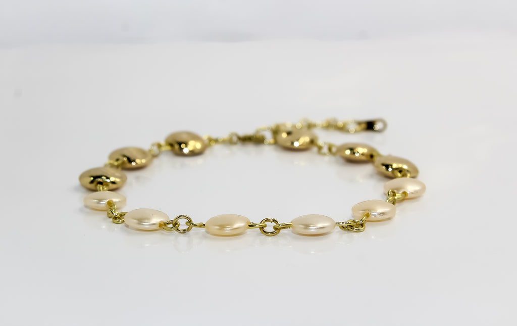 Handcrafted Half Pearl &amp; Gold Coin Link Bracelet