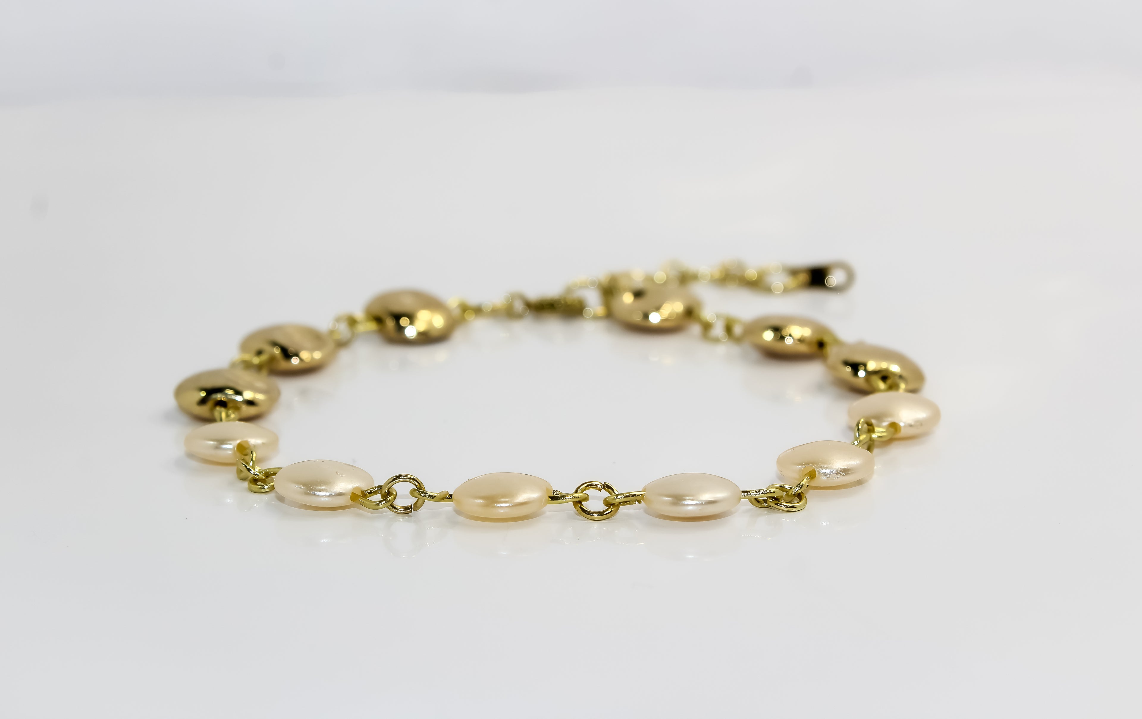 Handcrafted Half Pearl &amp; Gold Coin Link Bracelet