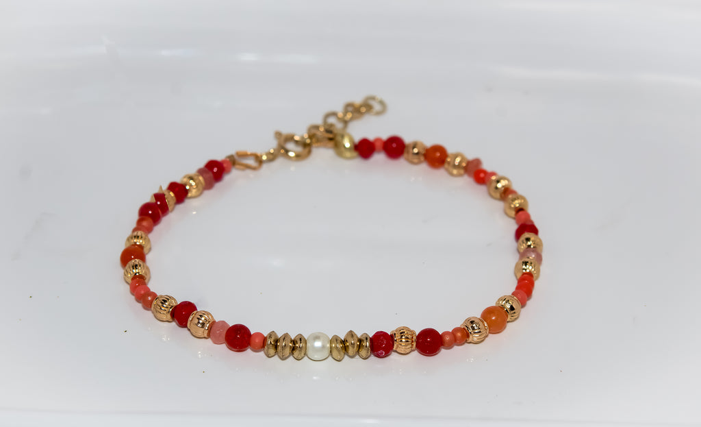 Handcrafted Coral Red and Carnelian Gemstone & Pearl Bracelet