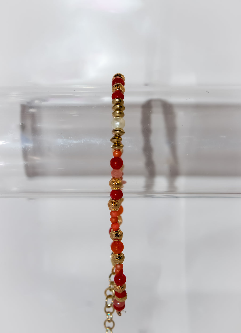 Handcrafted Coral Red and Carnelian Gemstone & Pearl Bracelet