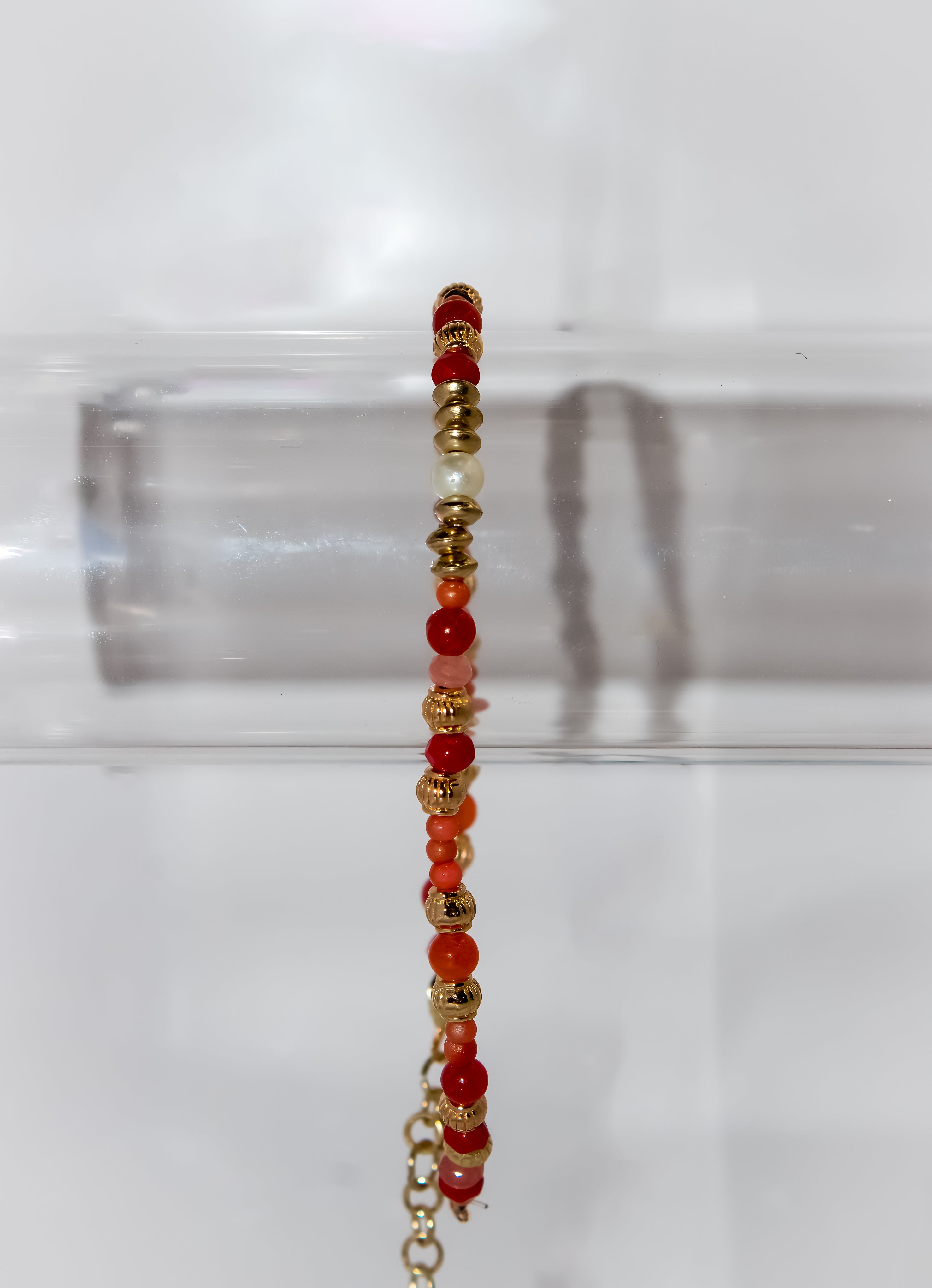 Handcrafted Coral Red and Carnelian Gemstone & Pearl Bracelet