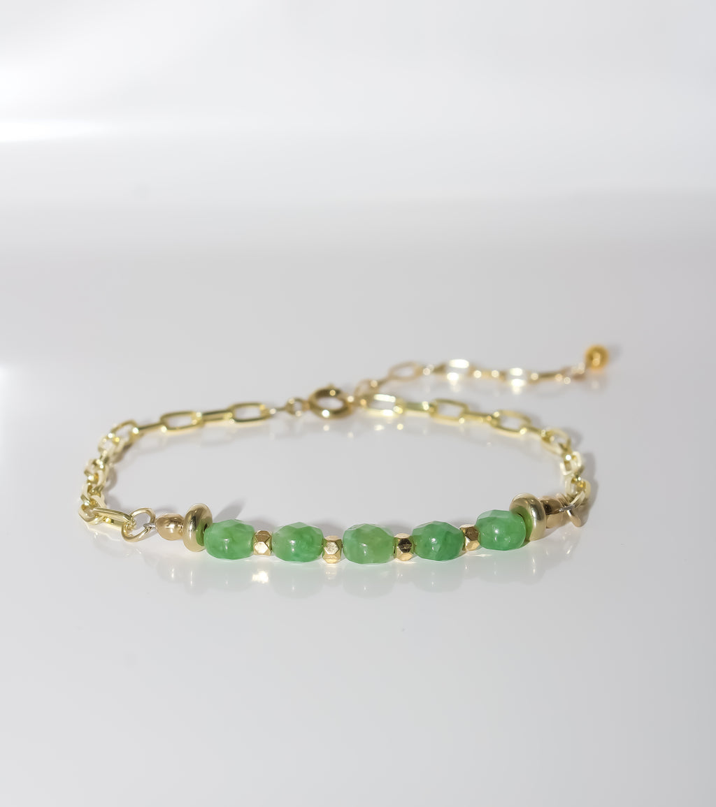 Gold Paperclip Chain Bracelet with Green Jade Gemstone Bar