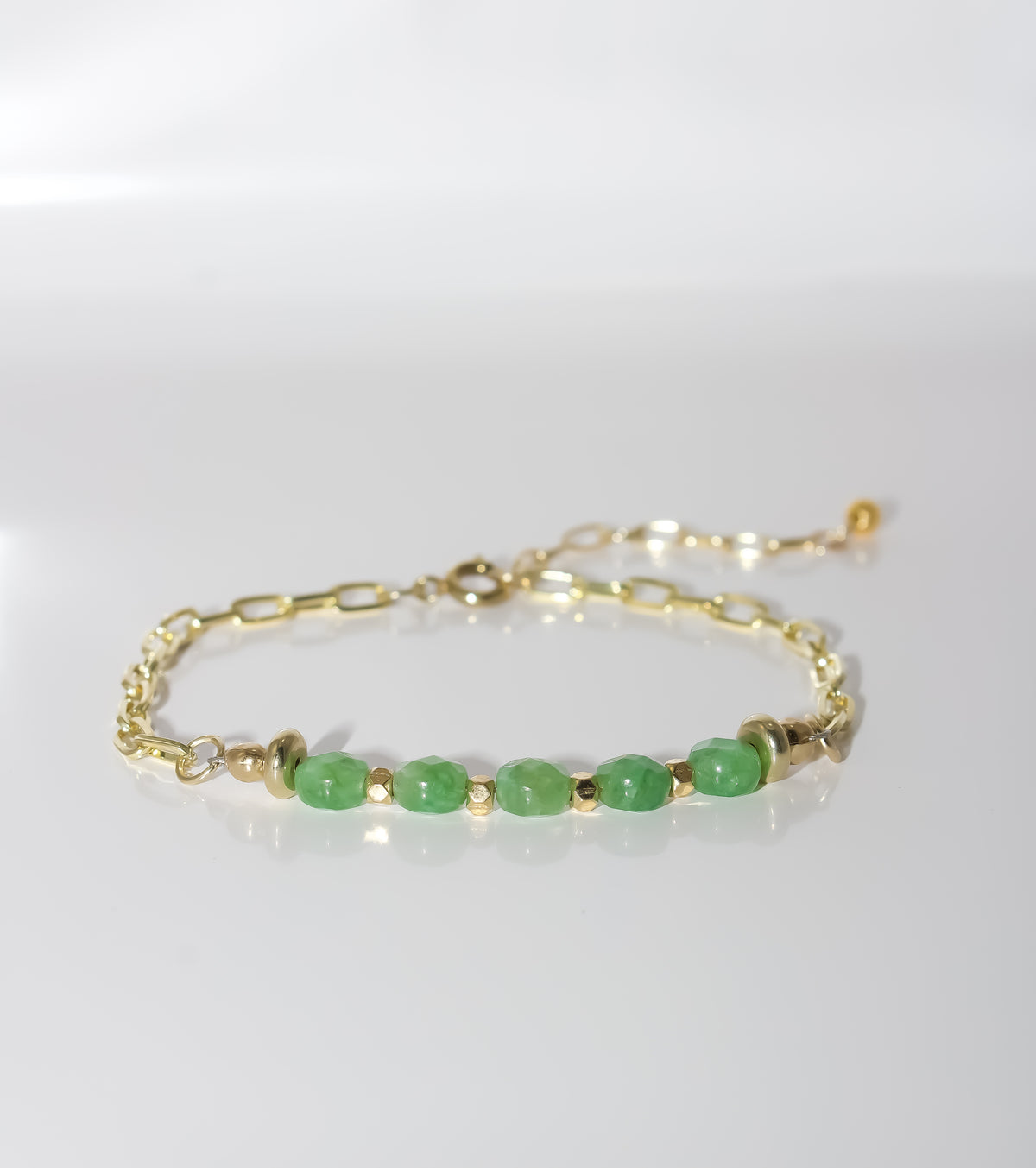 Gold Paperclip Chain Bracelet with Green Jade Gemstone Bar