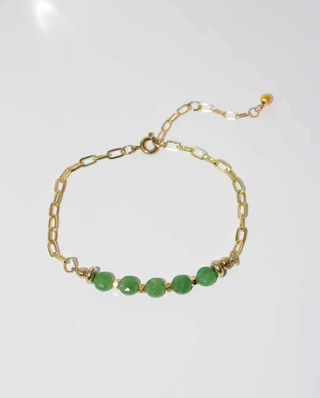 Gold Paperclip Chain Bracelet with Green Jade Gemstone Bar