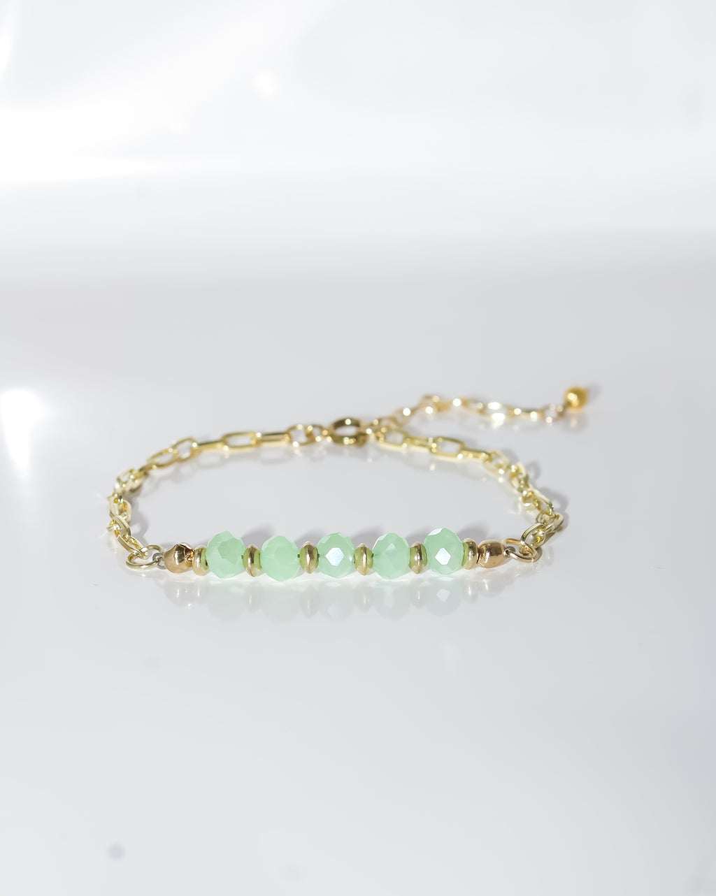 Gold Paperclip Chain Bracelet with Faceted Mint Green Beads