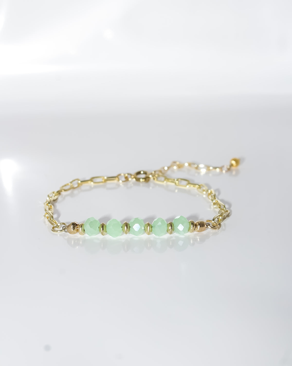 Gold Paperclip Chain Bracelet with Faceted Mint Green Beads