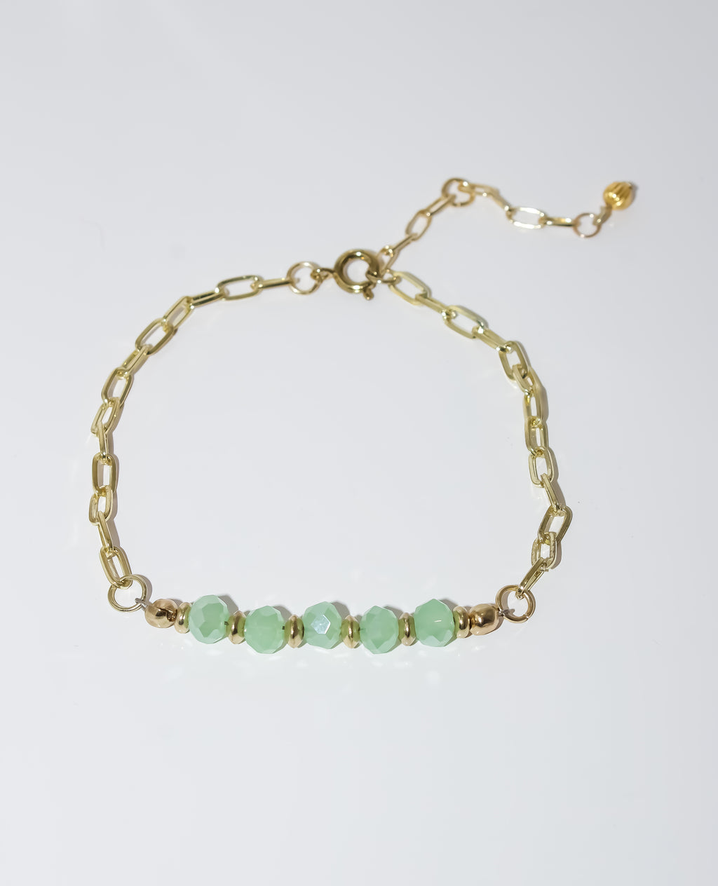 Gold Paperclip Chain Bracelet with Faceted Mint Green Beads