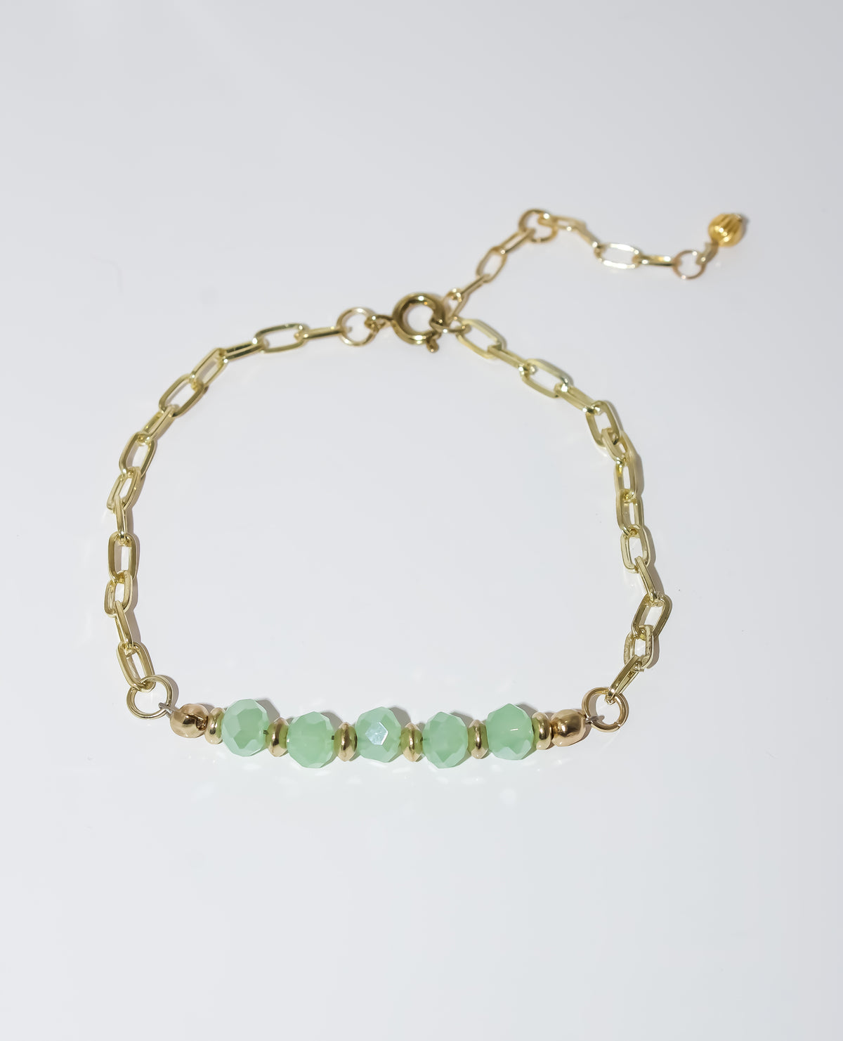 Gold Paperclip Chain Bracelet with Faceted Mint Green Beads