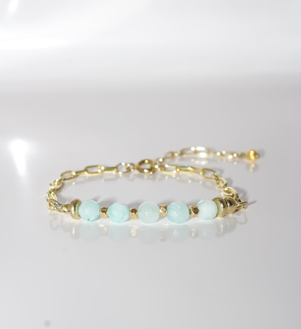 Gold Paperclip Chain Bracelet with Faceted Amazonite-Style Gemstone Bar