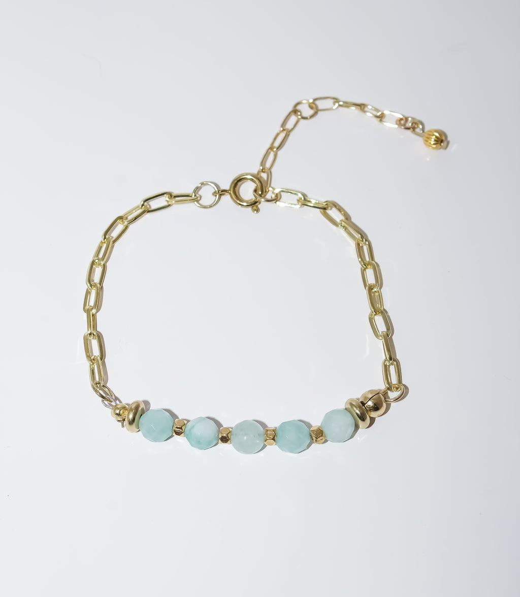 Gold Paperclip Chain Bracelet with Faceted Amazonite-Style Gemstone Bar