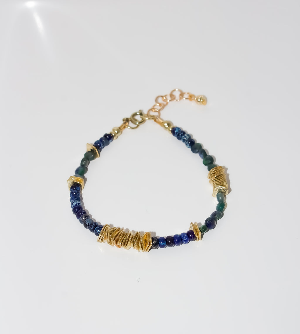 Navy and Emerald Gemstone Beaded Bracelet with Textured Gold Accents