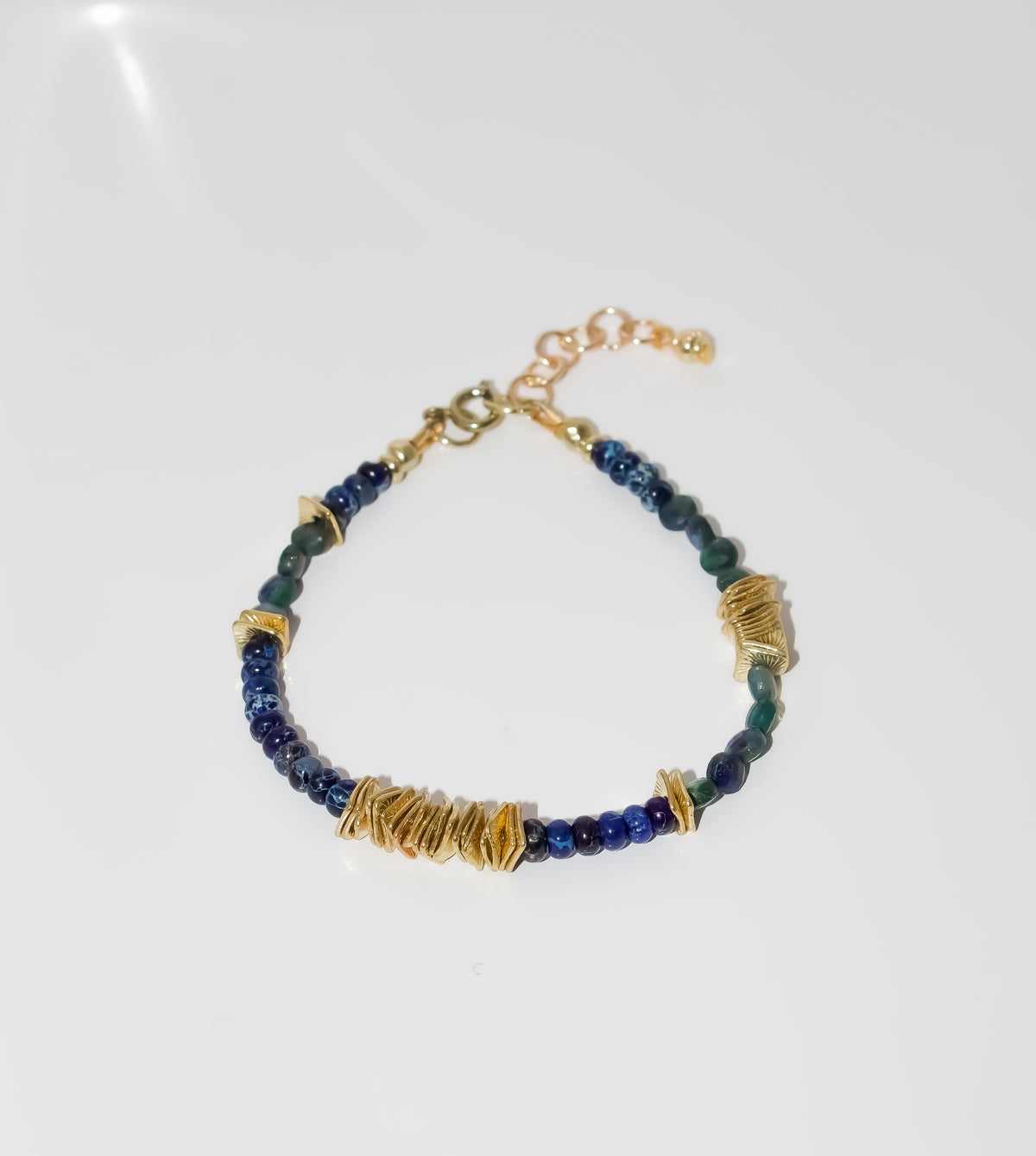 Navy and Emerald Gemstone Beaded Bracelet with Textured Gold Accents