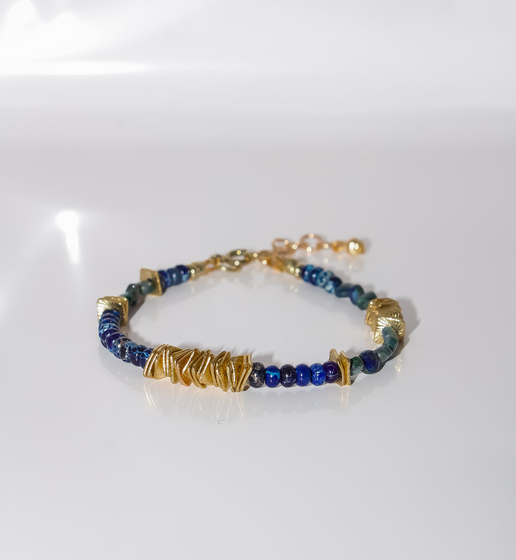 Navy and Emerald Gemstone Beaded Bracelet with Textured Gold Accents
