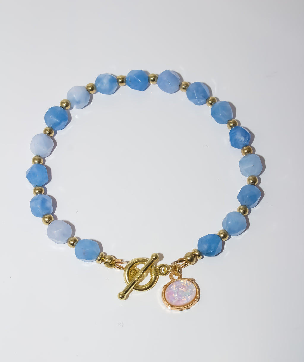 Blue Agate Beaded Bracelet with Opal-Style Charm