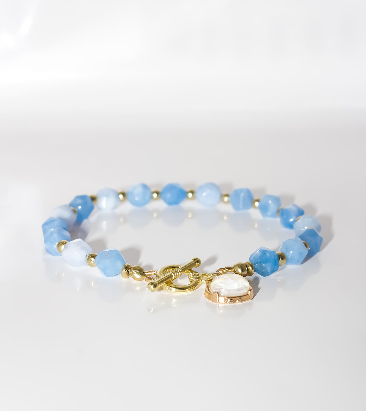 Blue Agate Beaded Bracelet with Opal-Style Charm