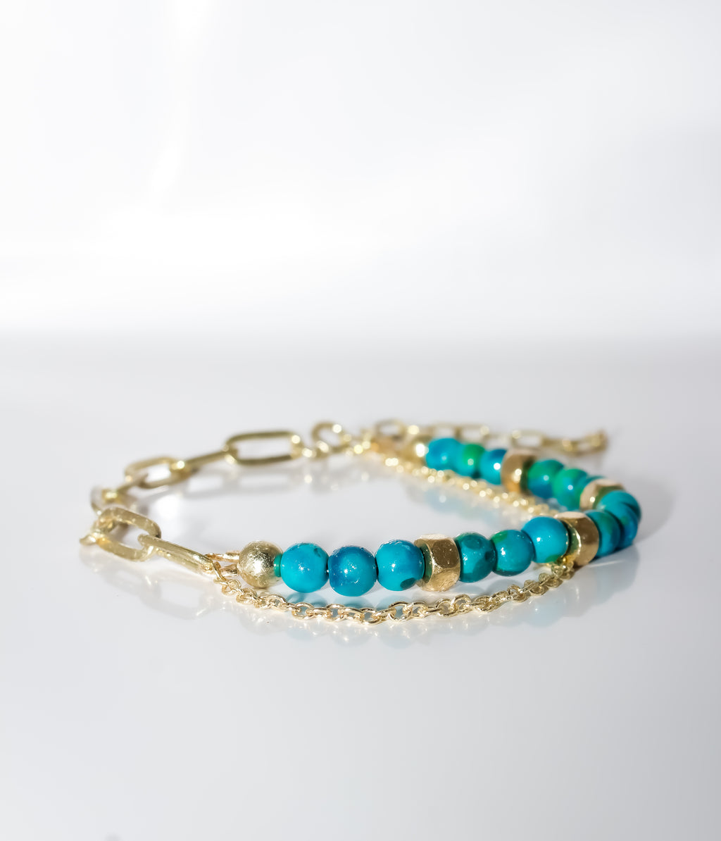 Turquoise Double-Strand Bracelet with Gold Chain