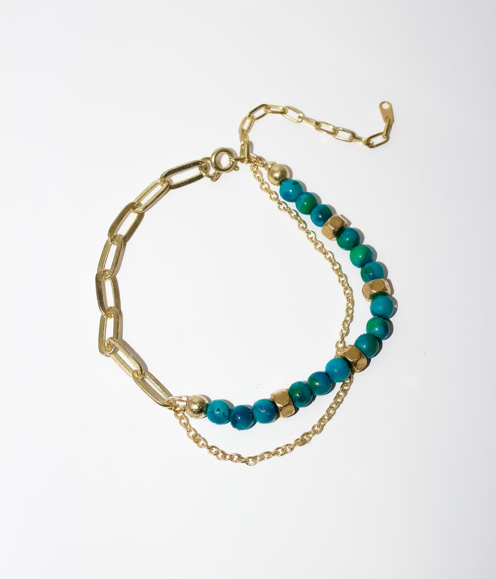 Turquoise Double-Strand Bracelet with Gold Chain