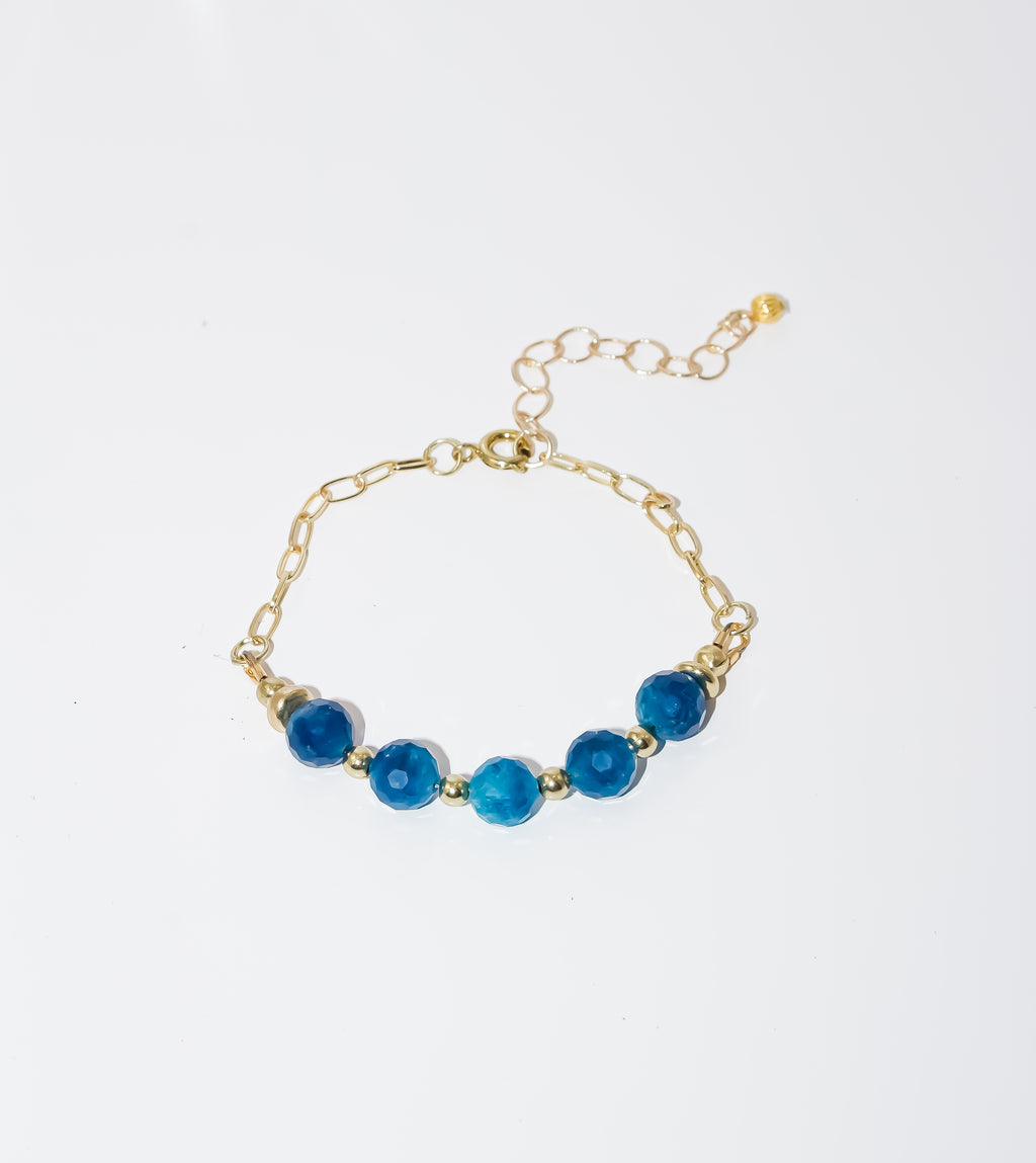 Gold Paperclip Chain Bracelet with Faceted Blue Agate Gemstone Bar