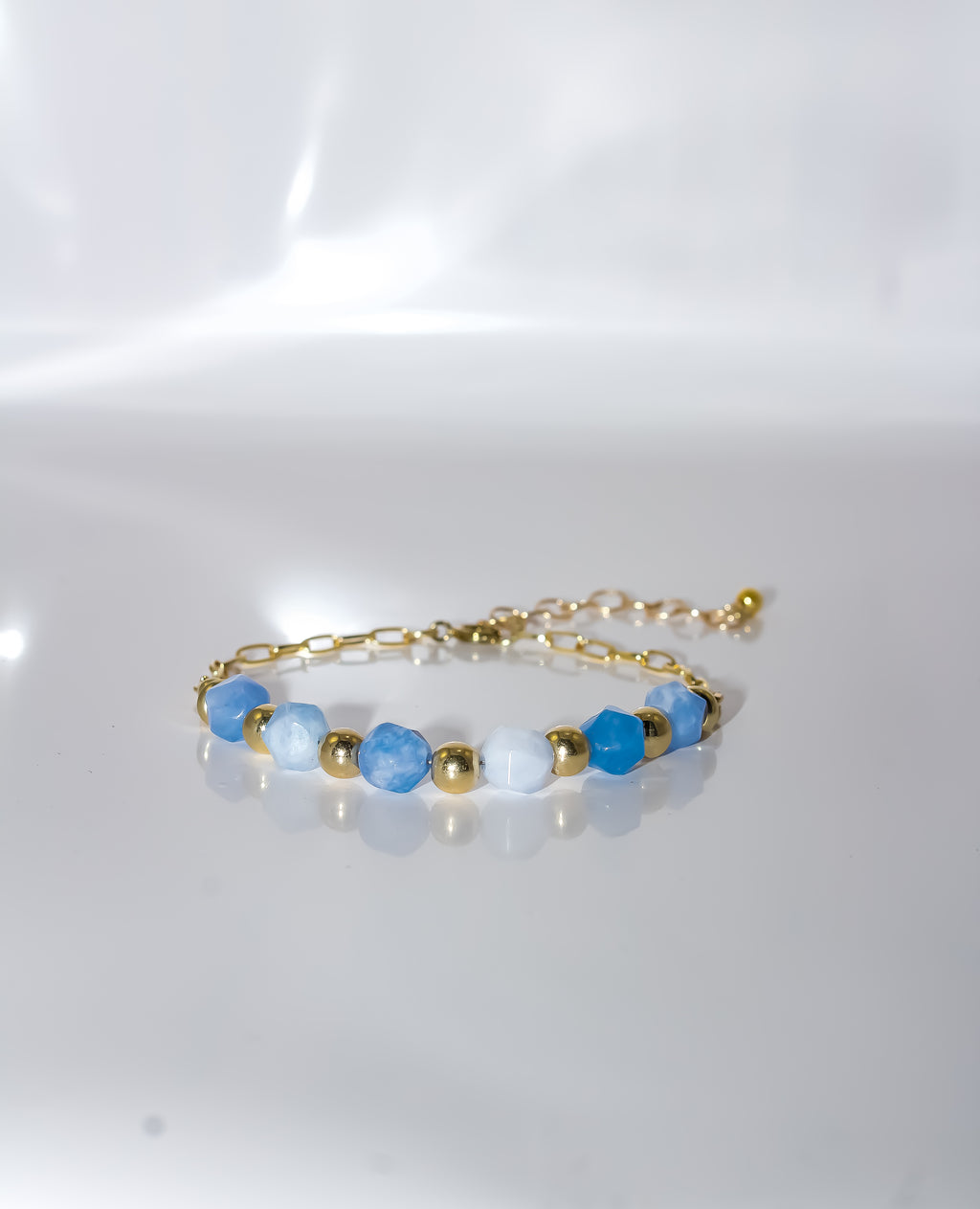 Gold Paperclip Chain Bracelet with Cornflower Blue Gemstone Bar
