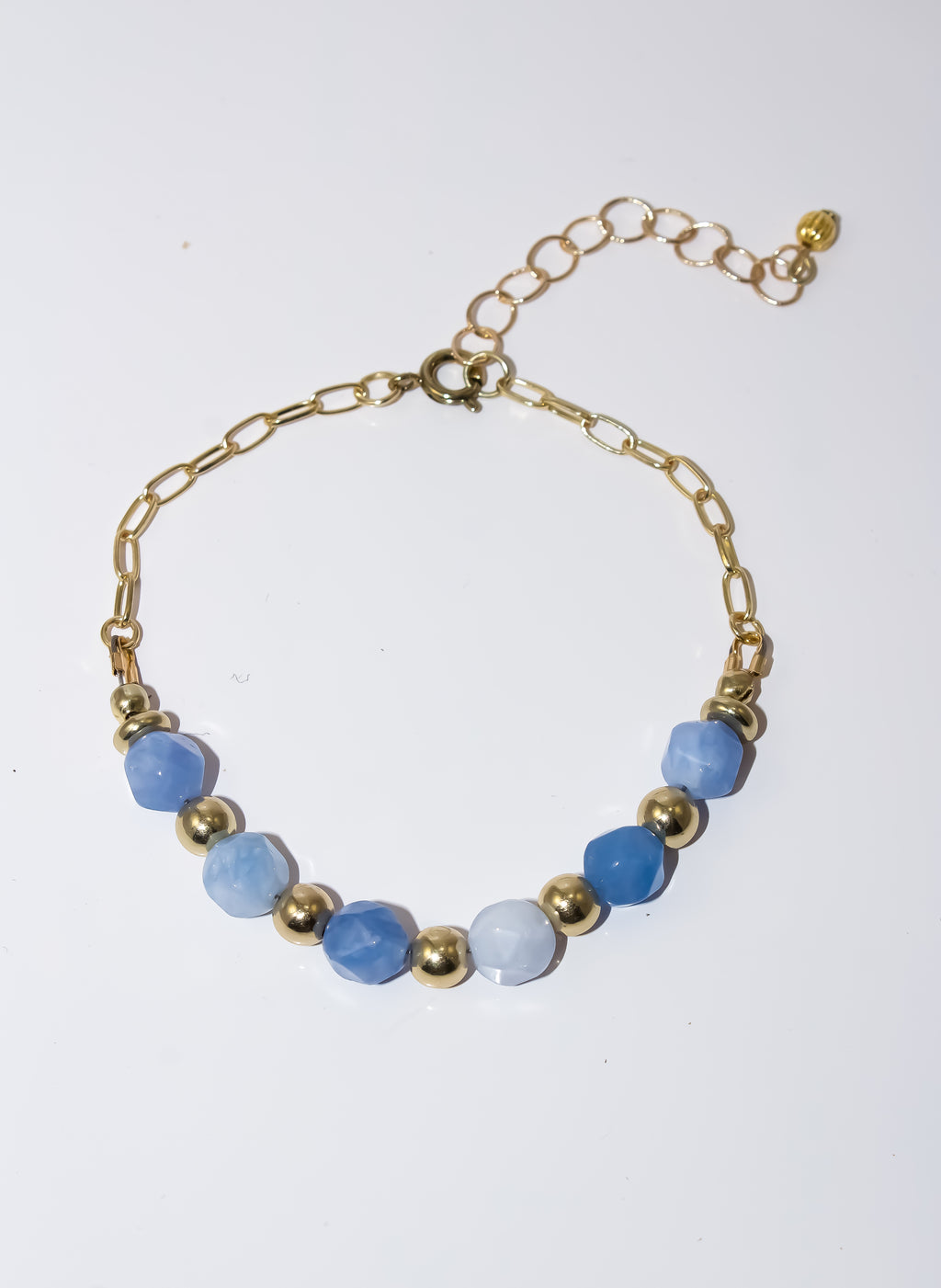 Gold Paperclip Chain Bracelet with Cornflower Blue Gemstone Bar