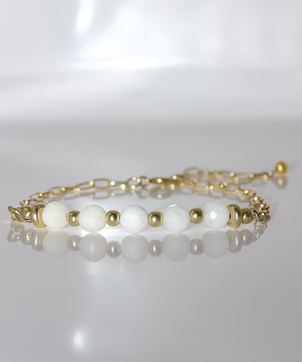Gold Paperclip Chain Bracelet with White Jade Gemstone Bar