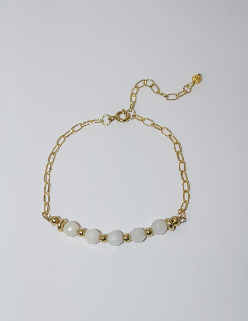 Gold Paperclip Chain Bracelet with White Jade Gemstone Bar