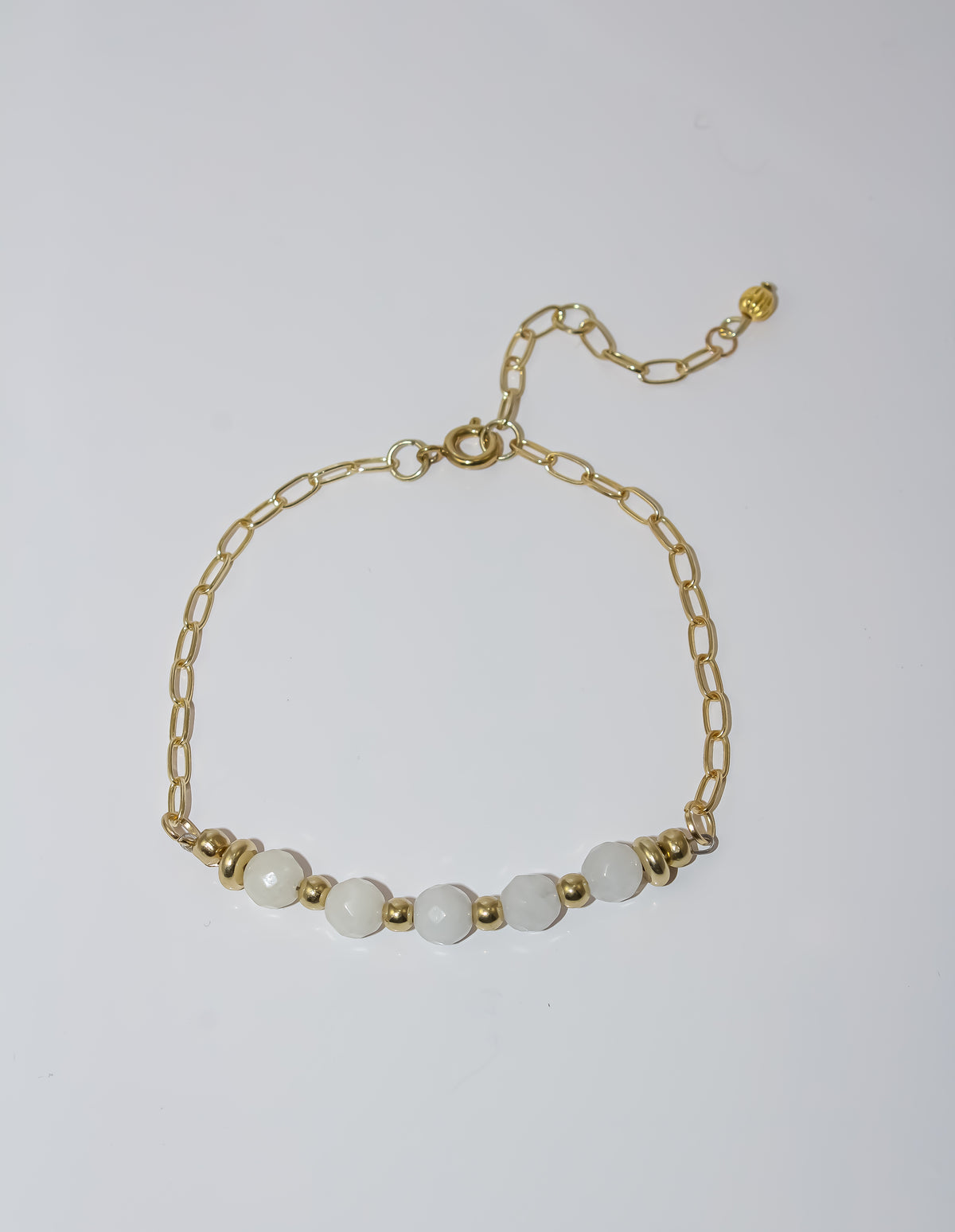 Gold Paperclip Chain Bracelet with White Jade Gemstone Bar