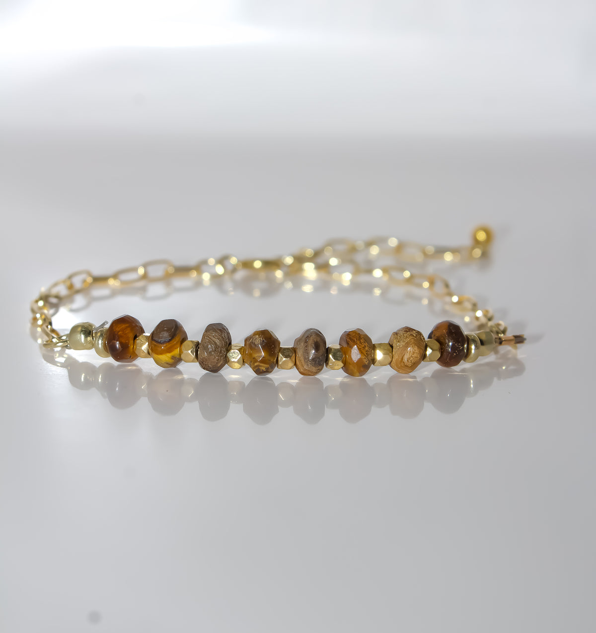 Gold Paperclip Chain Bracelet with Tiger's Eye Gemstone Bar