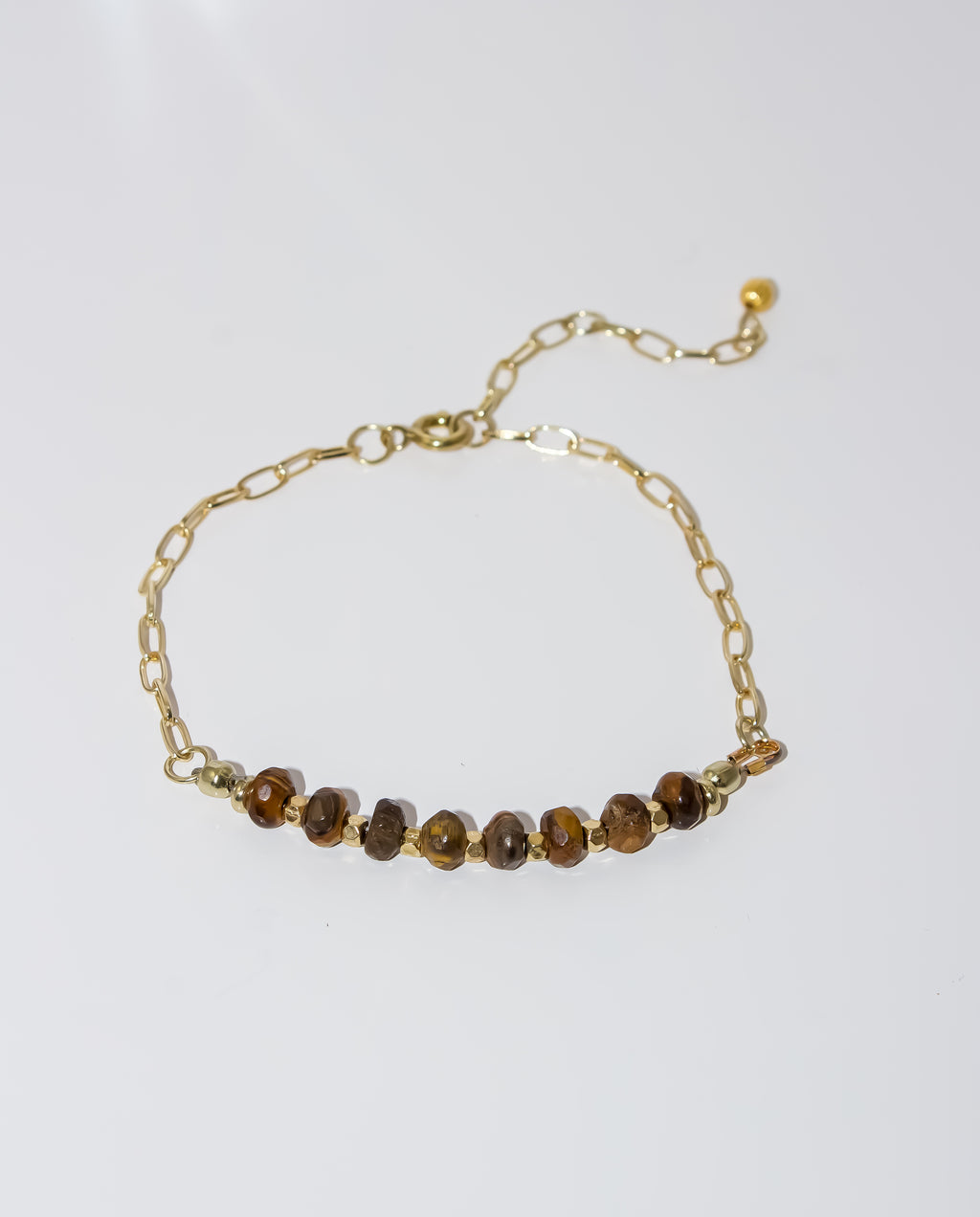 Gold Paperclip Chain Bracelet with Tiger's Eye Gemstone Bar