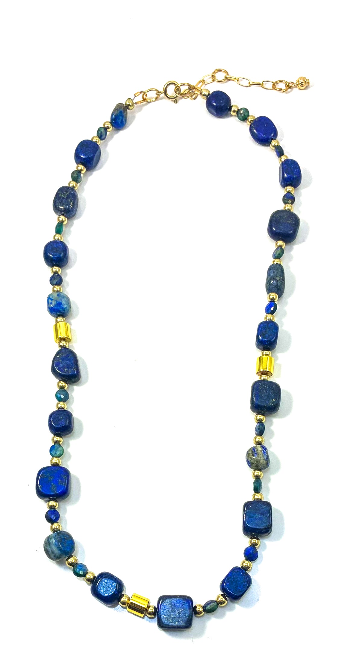 Handcrafted Lapis Lazuli Gemstone Necklace with Chunky Gold Cylinders