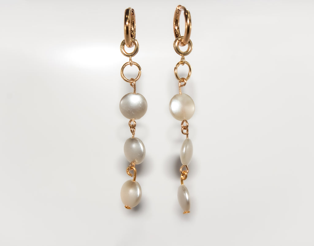 Gold Triple Coin Pearl Huggie Earrings