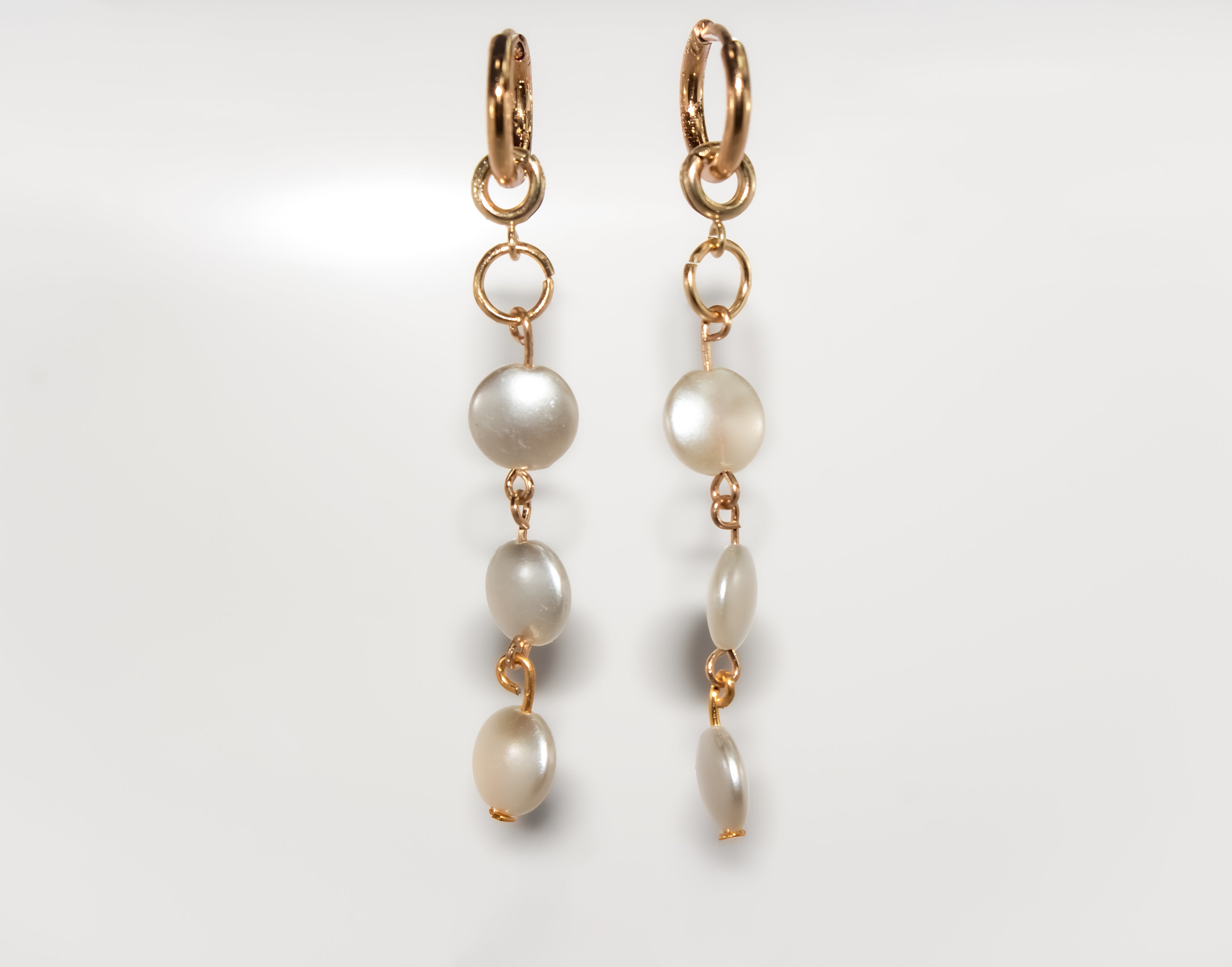 Gold Triple Coin Pearl Huggie Earrings