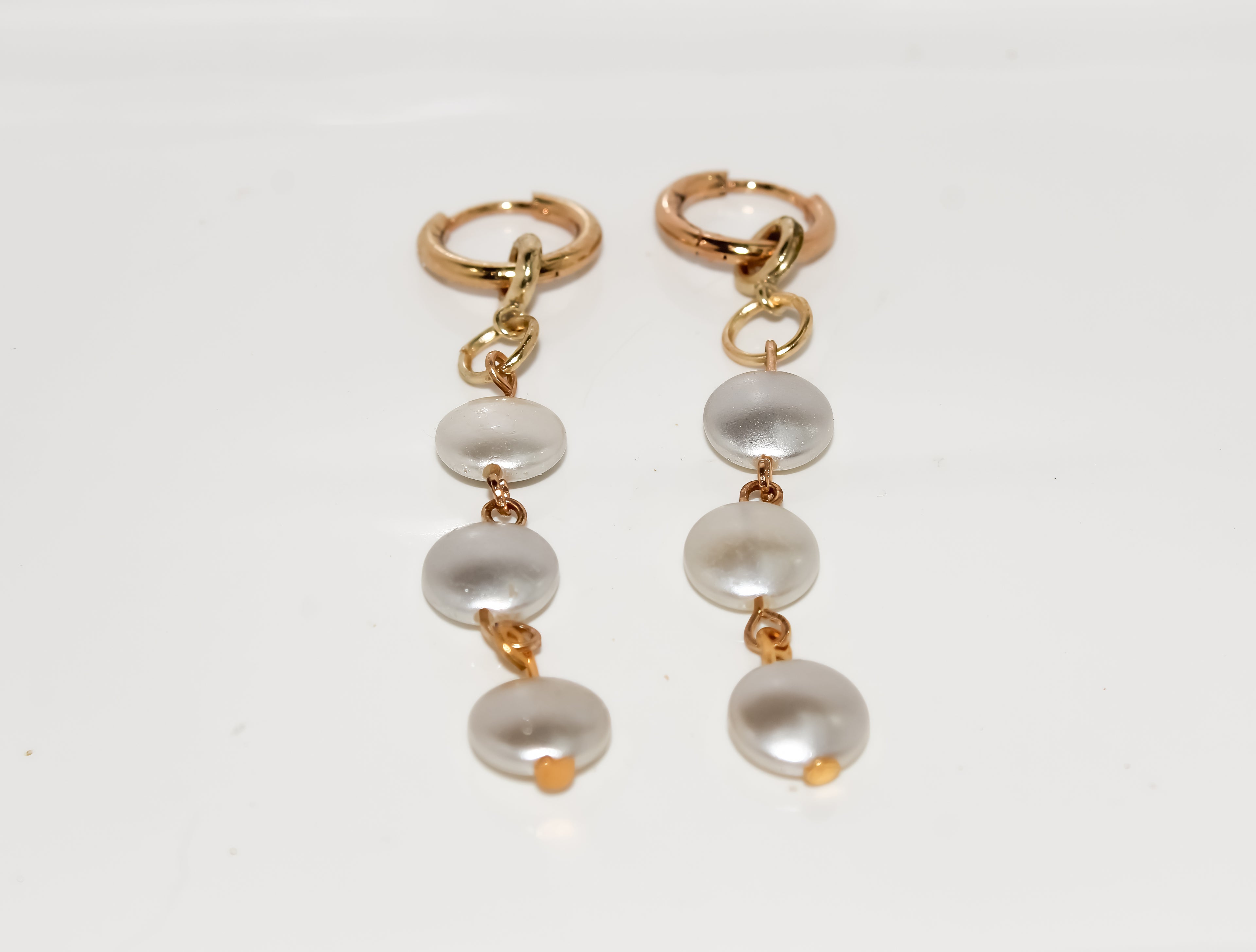 Gold Triple Coin Pearl Huggie Earrings