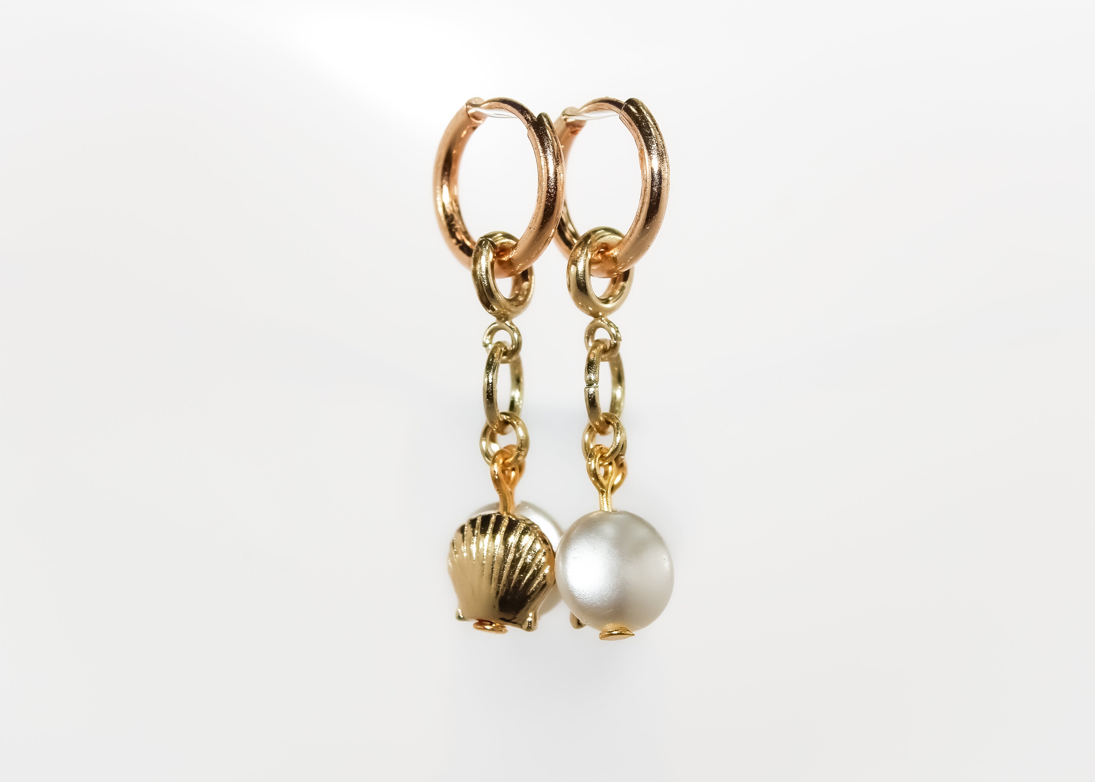 Gold Seashell and Pearl Charm Huggie Earrings