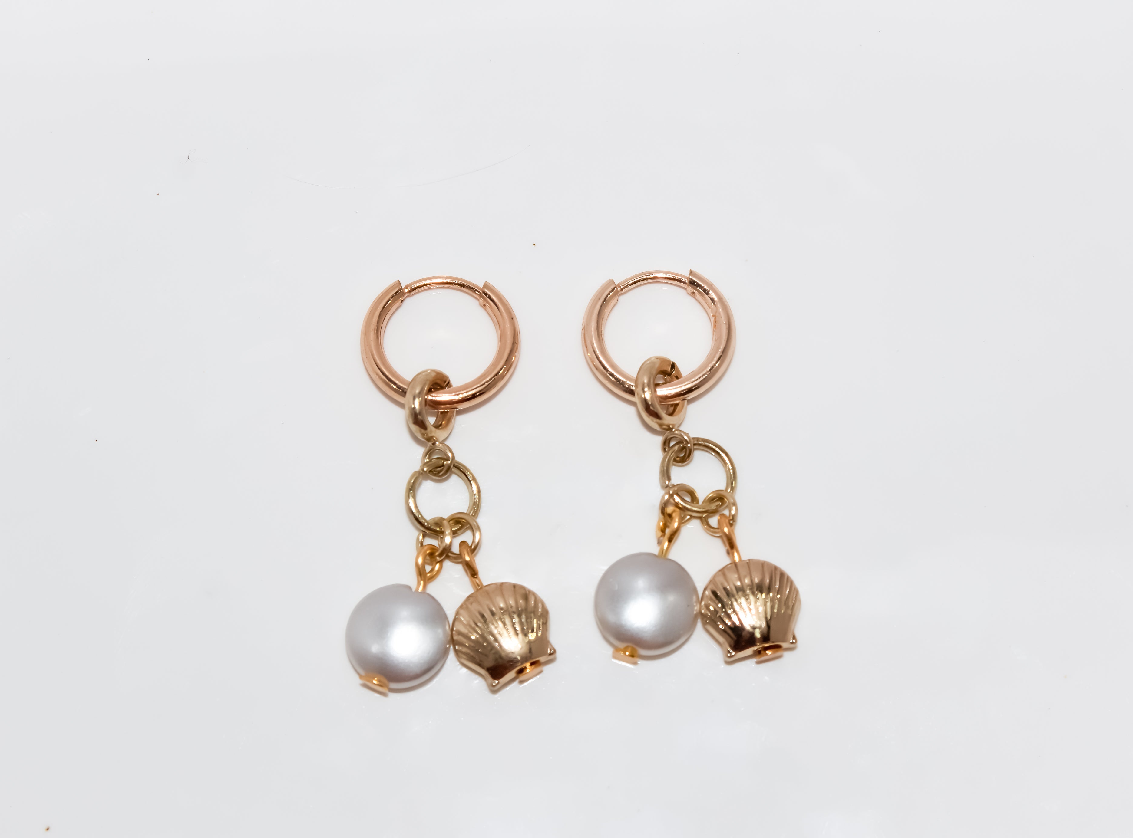 Gold Seashell and Pearl Charm Huggie Earrings