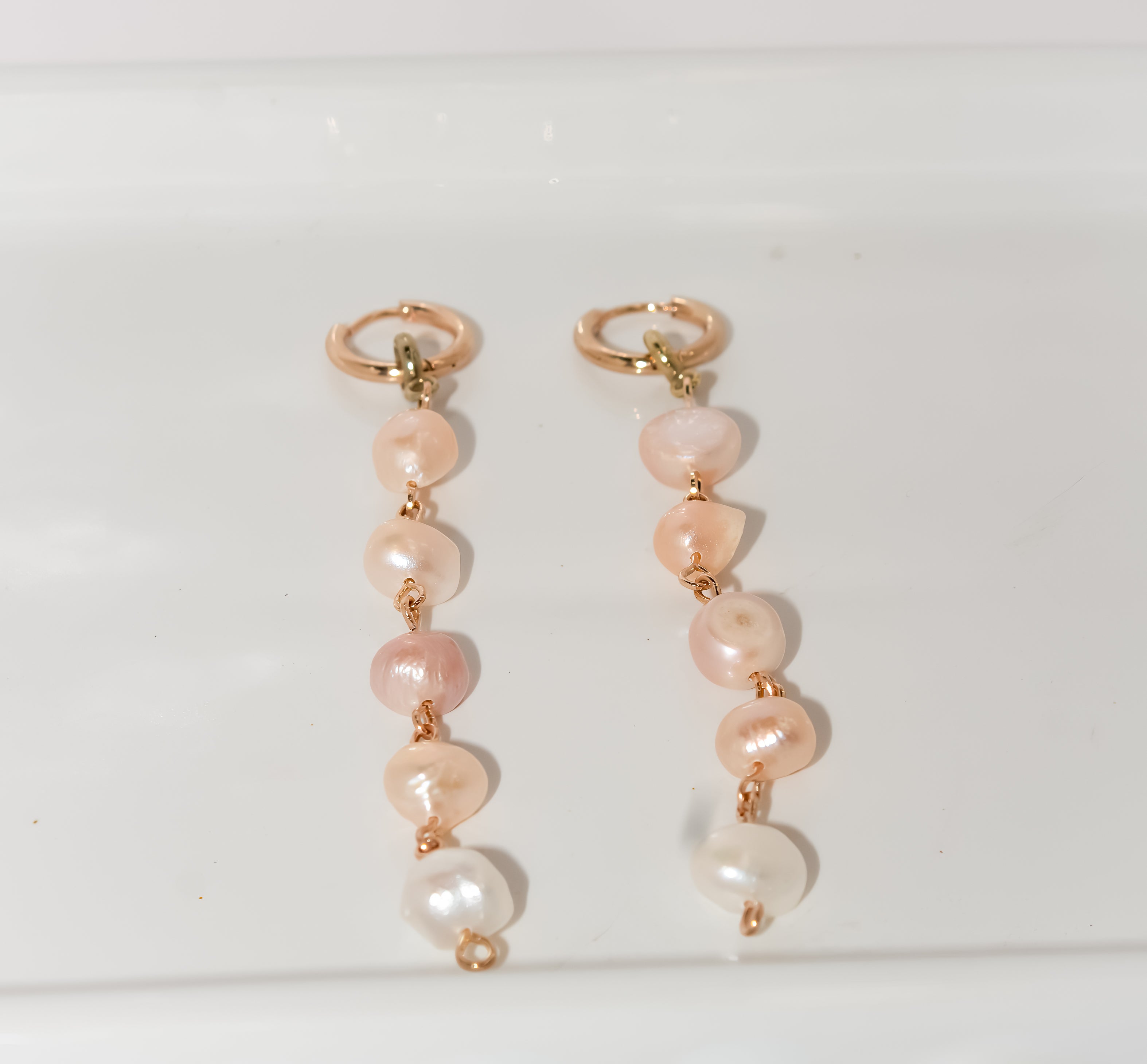 Gold Long Pearl Strand Huggie Earrings