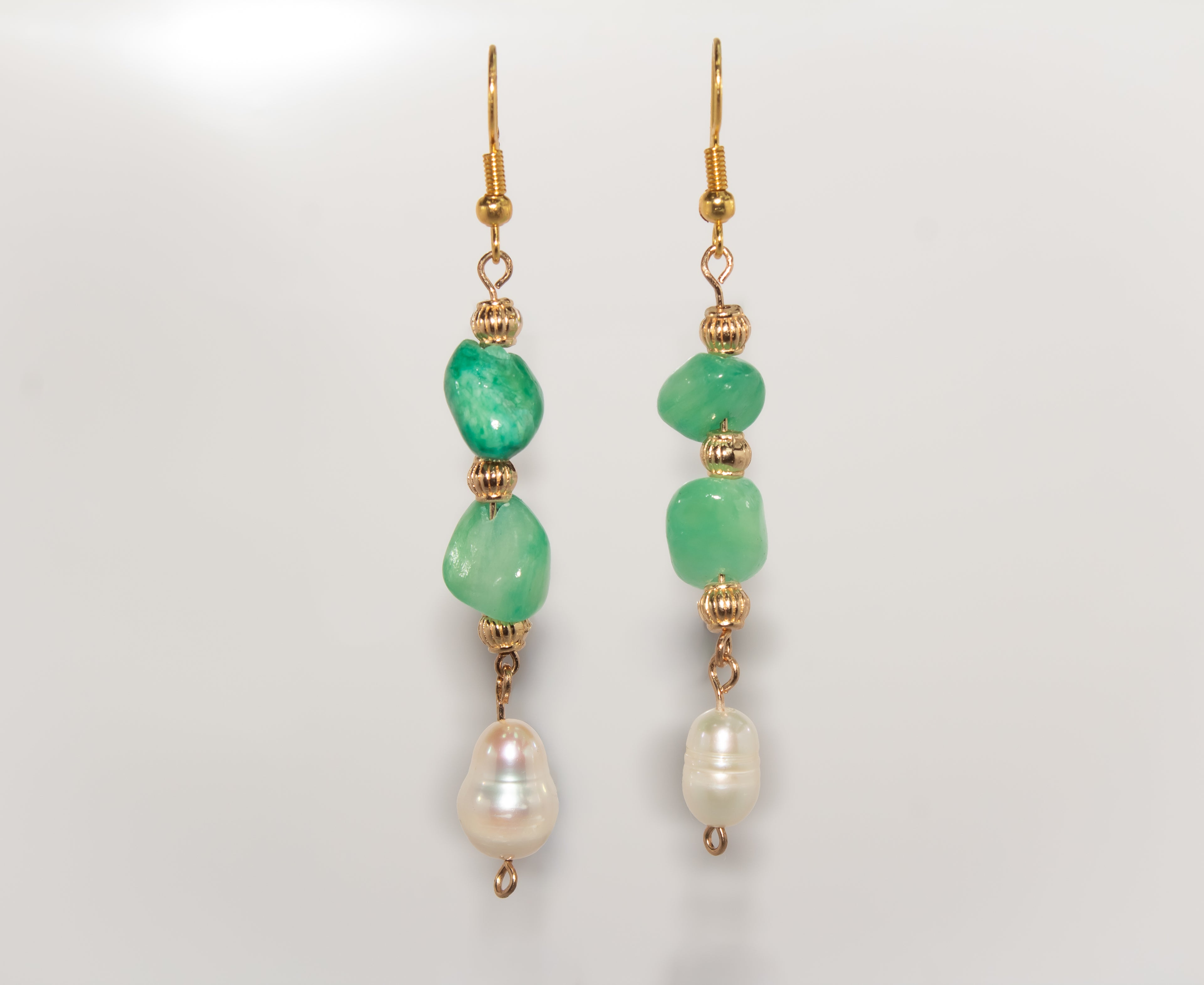 Gold Green Gemstone and Pearl Drop Earrings