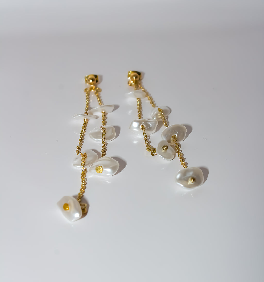Gold Keishi Pearl Double Strand Dangle Earrings